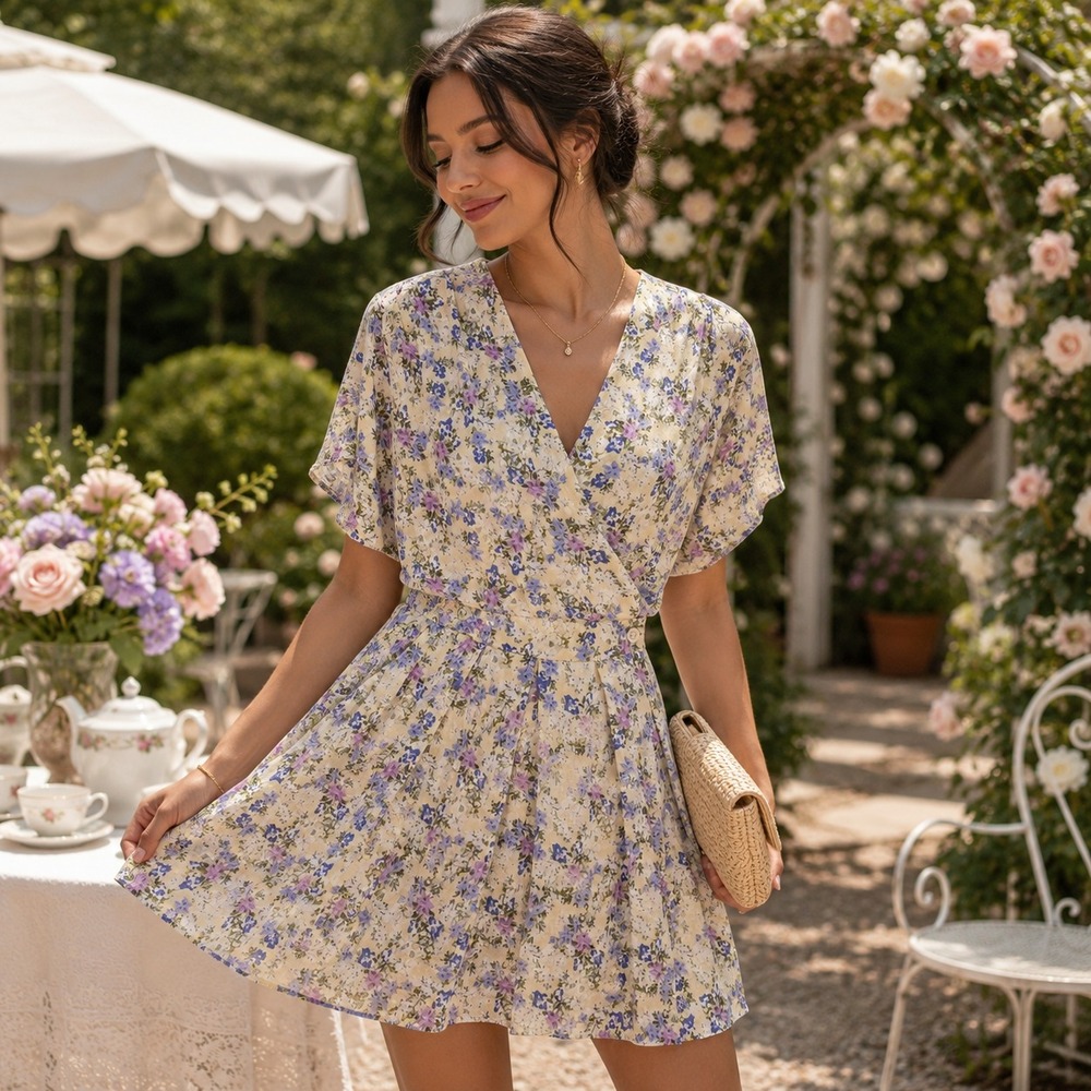 FRNCH Paris Floral Faux Wrap Mini Dress Sz S Ivory Purple Cottage Boho Academia
